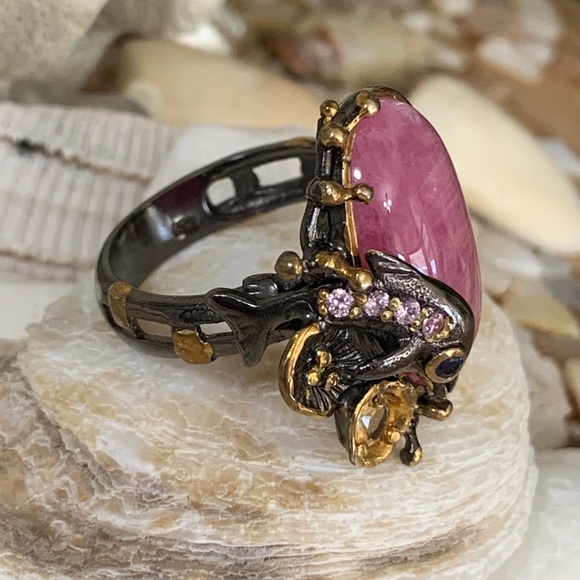 Artist Crafted Ruby & Gemstone Coastal Sterling & 14 kt Ring - Picture 10 of 10